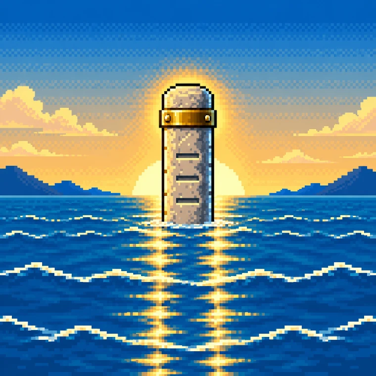 The same pillar standing clear of calm water, its brass band dry and lit