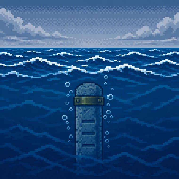 A stone marker pillar drowned under choppy water, its brass band below the surface