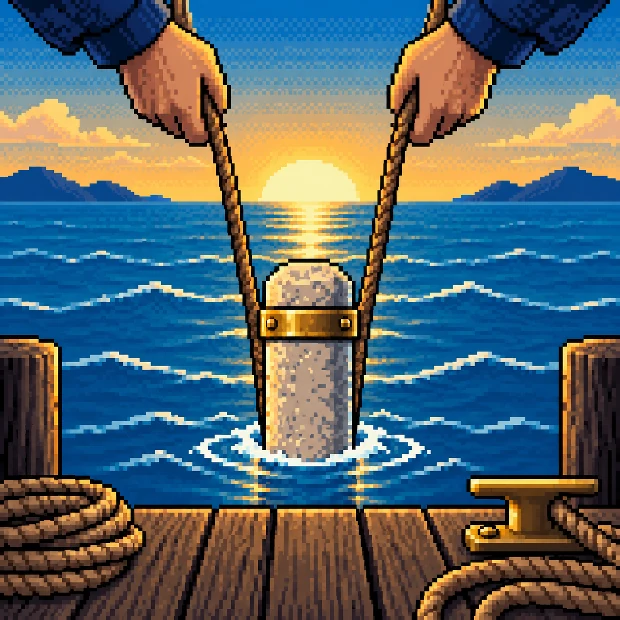 Hands lowering a stone pillar into the sea from a dock