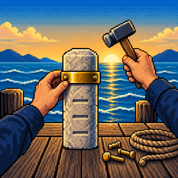 Hands fitting a brass band onto a stone pillar on a dock