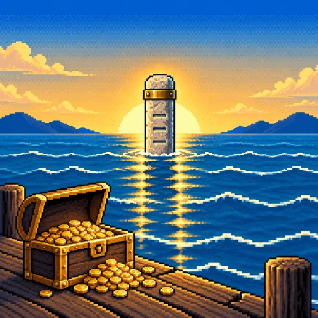 A brass sea chest open on a dock spilling gold coins, a pillar standing clear behind it